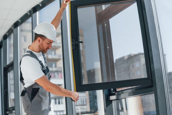 Holding window. Repairman is working indoors in the modern room.
